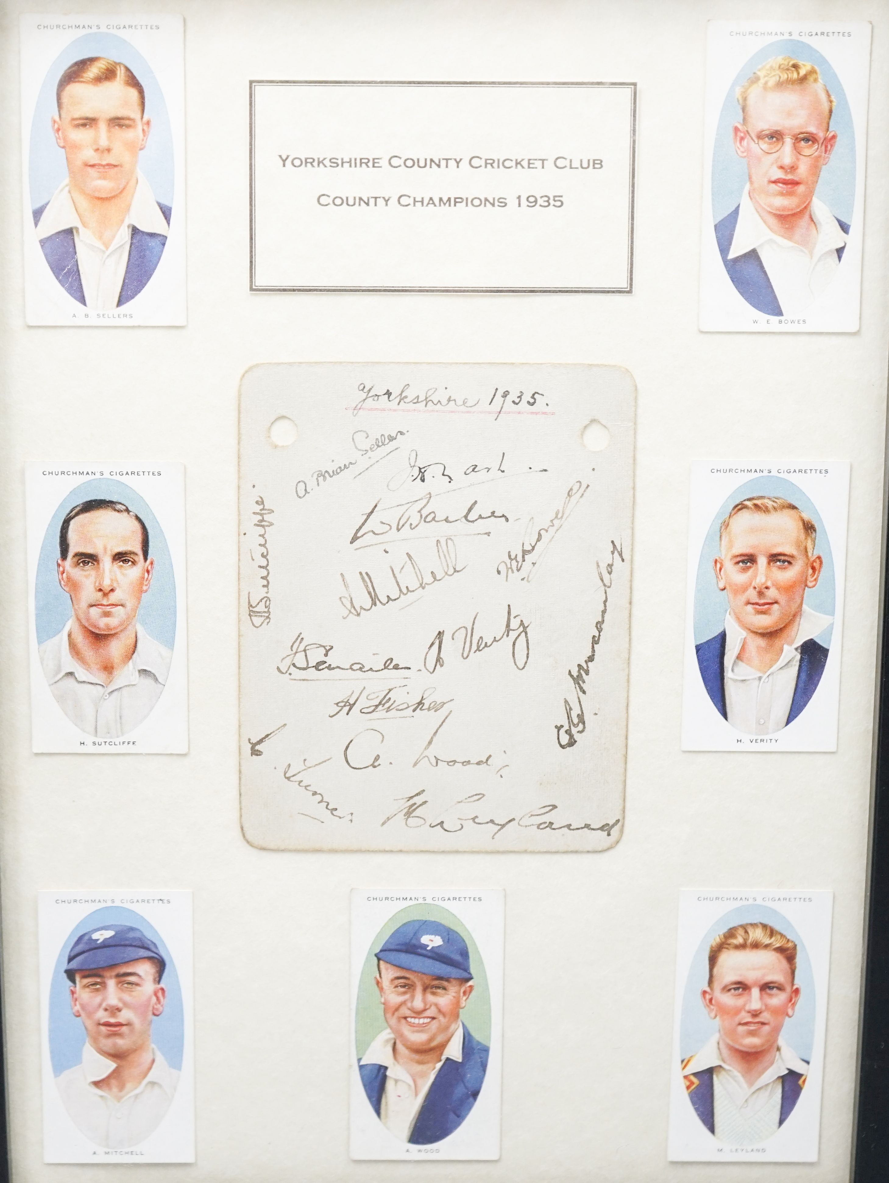 Yorkshire County Cricket team county champions 1935, set of players signatures on a card and cigarette card portraits